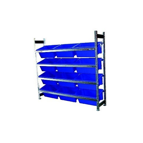 4 Shelves Bin Action Rack With 12 Blue Plastic Bins (52L)