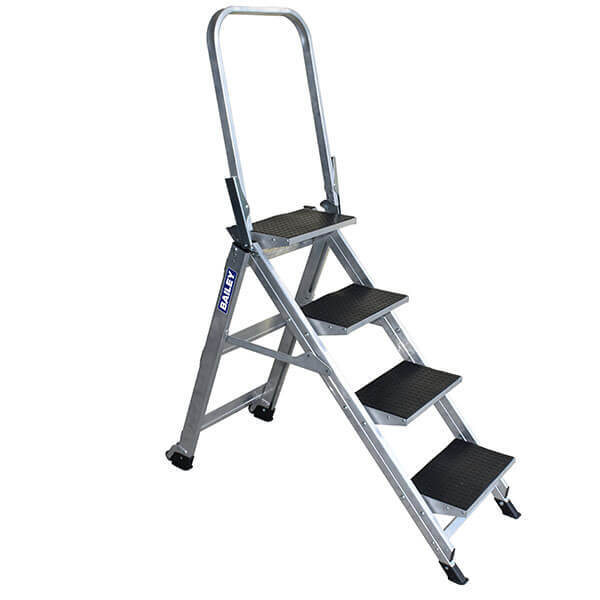 Bailey 4 Steps 150kg Rated Aluminium Single Sided Step Ladder Stairway - 0.9m - Handrail