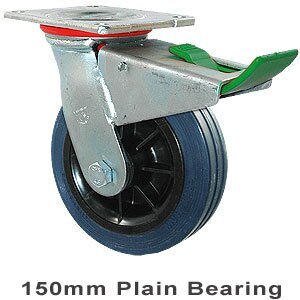 230kg Rated Industrial Hi Resilience Castor - Rubber Tyre - 150mm - Plate Direction Lock - Plain Bearing - ISO