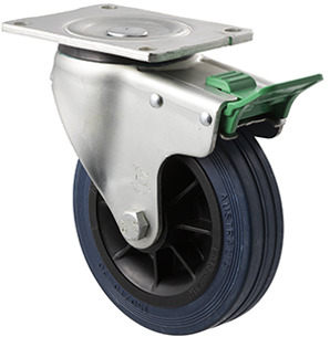 230kg Rated Industrial Hi Resilience Castor - Rubber Tyre - 150mm - Plate Direction Lock - Plain Bearing - ISO