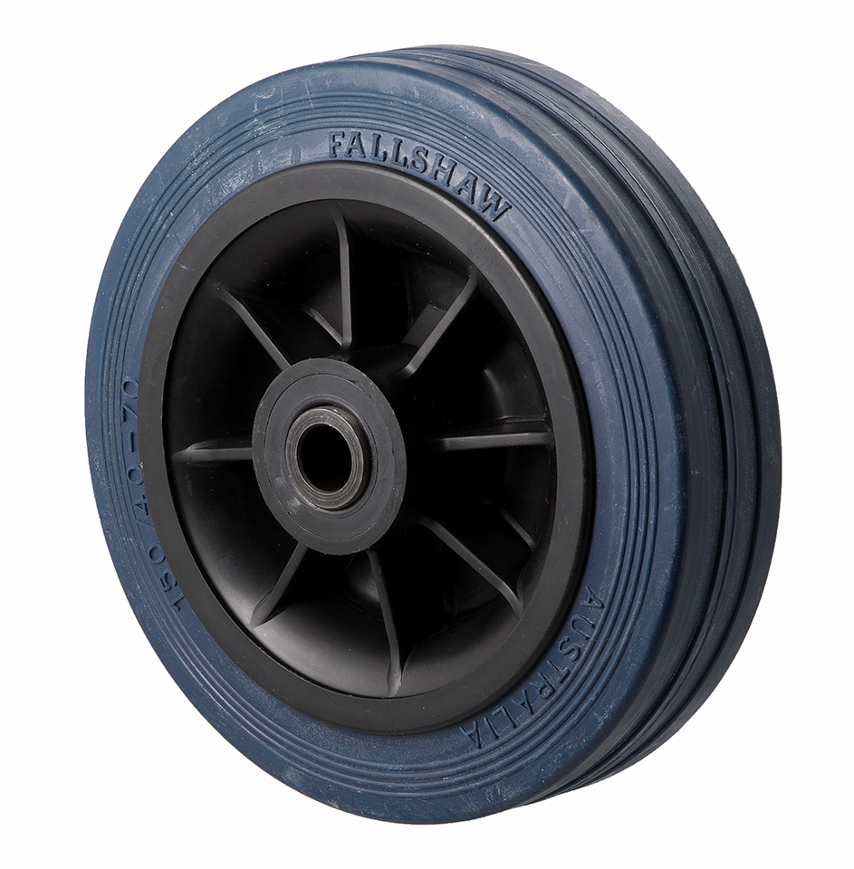 230kg Rated Blue Rubber Flat Wheel - 150 x 40mm - Stainless Steel Sleeve With Plain Bearing