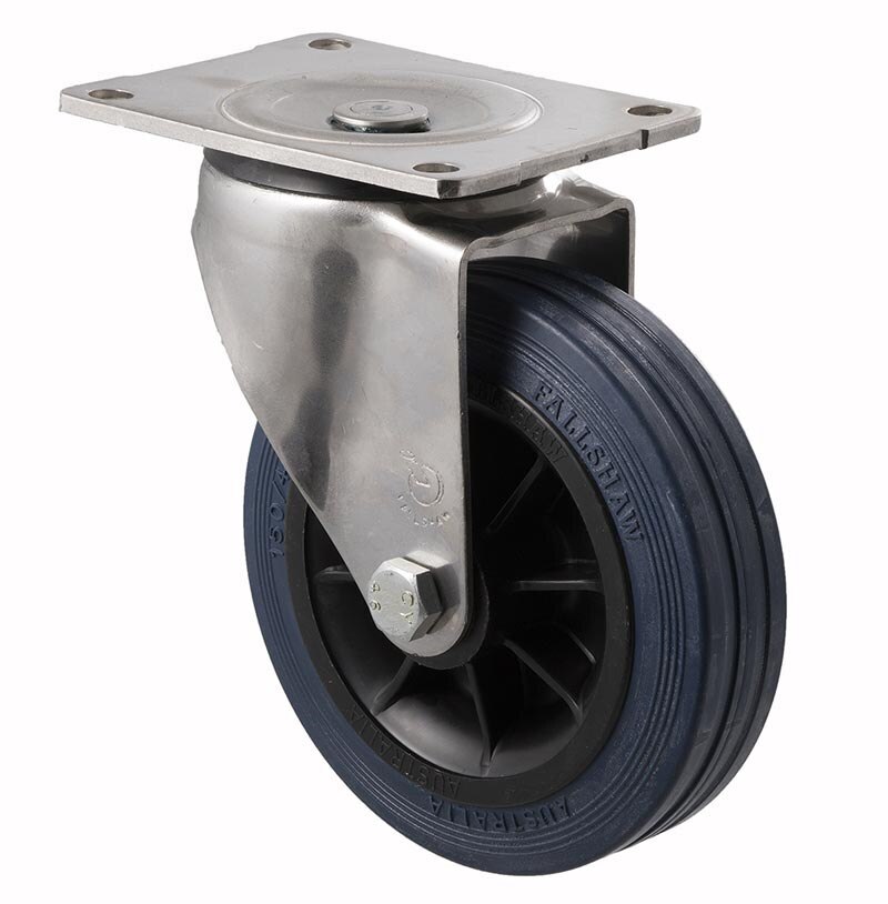 230kg Rated Industrial Hi Resilience Castor - Rubber Tyre - 150mm - Plate Swivel - Plain Bearing - NA