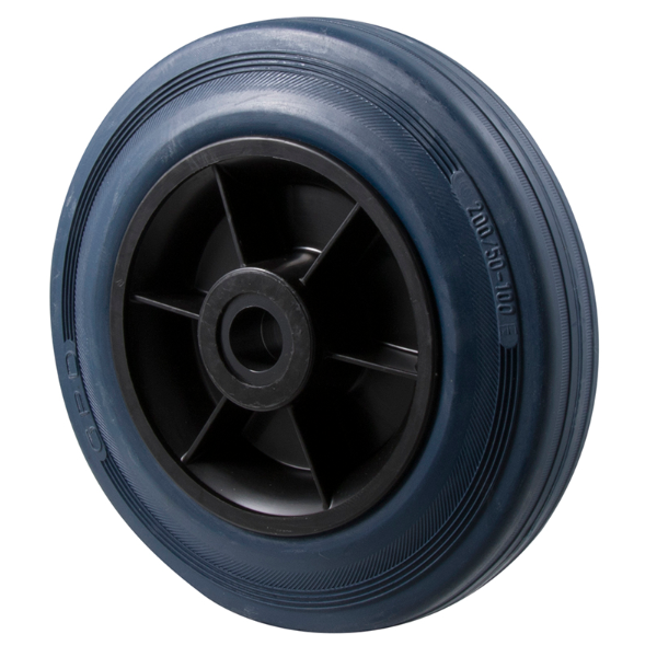 250kg Rated Blue Rubber Flat Wheel - 200 x 50mm - Stainless Steel Sleeve With Plain Bearing