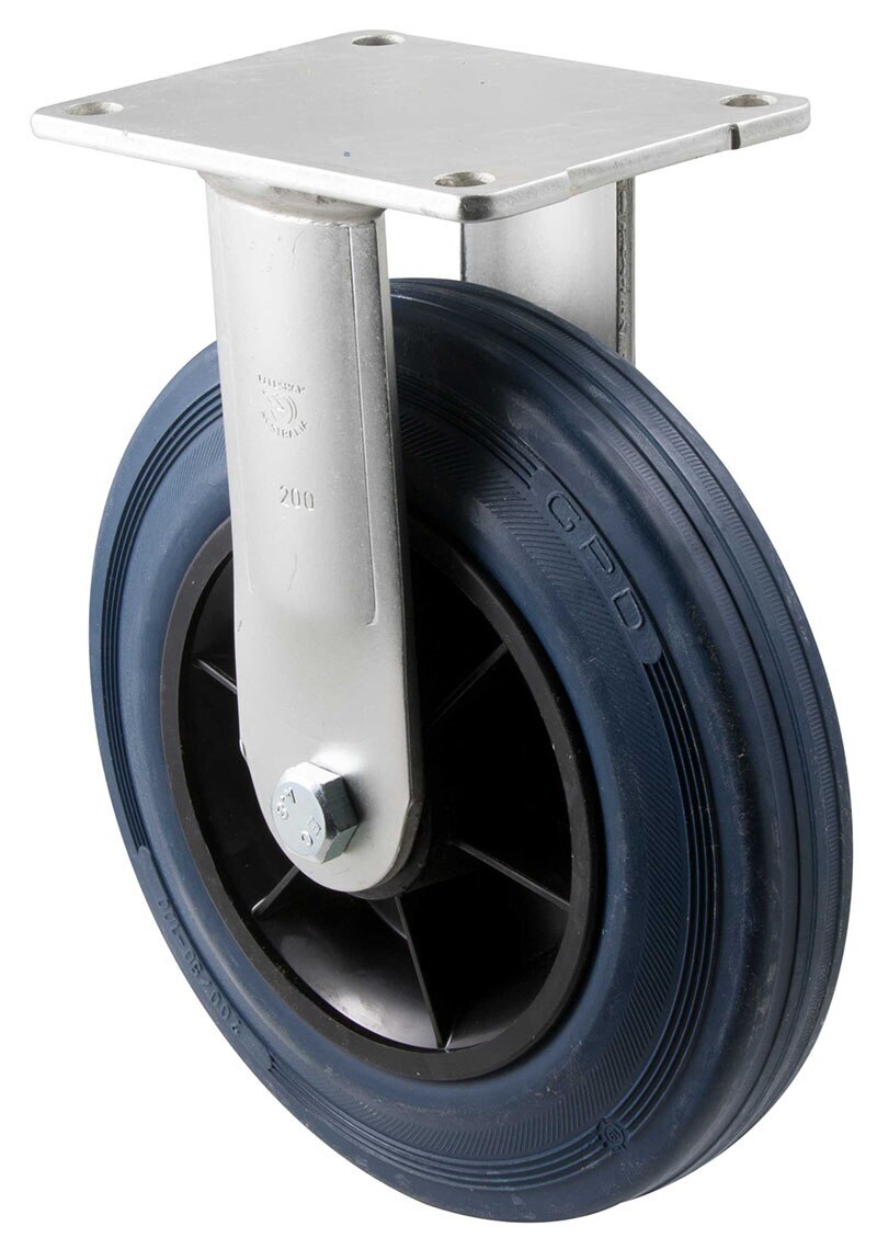 250kg Rated Industrial Stainless Steel Hi Resilience Castor - Rubber Tyre - 200mm - Plate Fixed - Plain Bearing - ISO