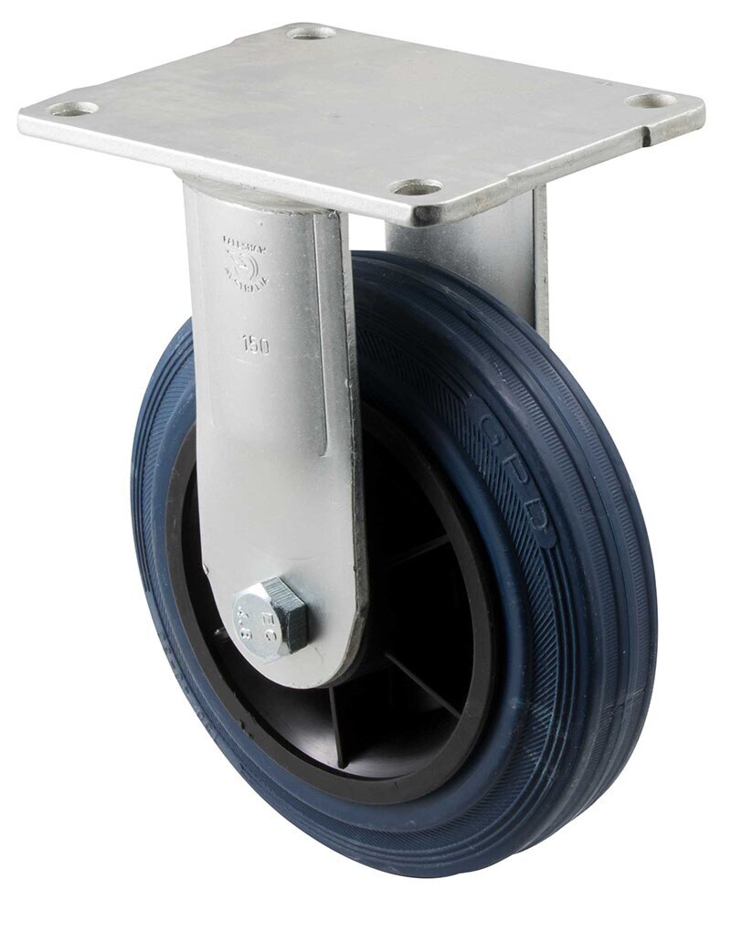 230kg Rated Industrial Stainless Steel Hi Resilience Castor - Rubber Tyre - 150mm - Plate Fixed - Roller Bearing - ISO