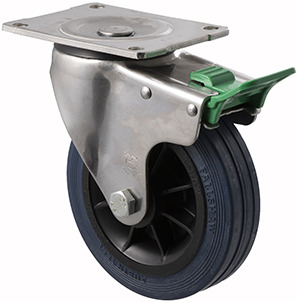230kg Rated Industrial Stainless Steel Hi Resilience Castor - Rubber Tyre - 150mm - Plate Direction Lock - Roller Bearing - ISO