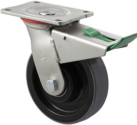 450kg Rated Industrial Polyurethane Castor - Nylon Tyre - 150mm - Plate Direction Lock - Plain Bearing ISO