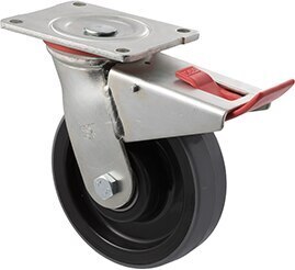 450kg Rated Industrial Polyurethane Castor - Nylon Tyre - 150mm - Plate Brake - Plain Bearing - NA