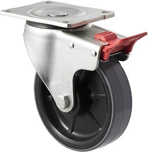 450kg Rated Industrial Polyurethane Castor - Nylon Tyre - 150mm - Plate Brake - Roller Bearing - NA