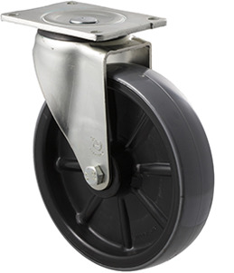 500kg Rated Industrial Polyurethane Castor - Nylon Tyre - 200mm - Plate Swivel - Roller Bearing - NA