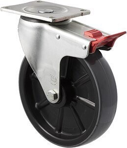 500kg Rated Industrial Polyurethane Castor - Nylon Tyre - 200mm - Plate Brake - Roller Bearing - NA