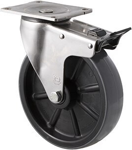 450kg Rated Industrial Stainless Steel Polyurethane Castor - Nylon Tyre- 200mm - Plate Brake - Roller Bearing - NA