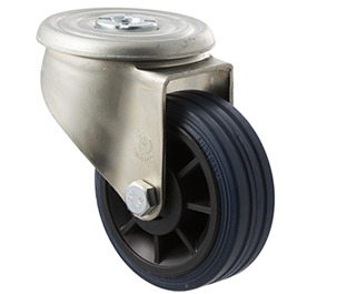 150kg Rated Industrial High Resilience Castor - Rubber Tyre - 100mm - Bolt Hole Swivel - Plain Bearing