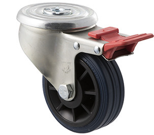 150kg Rated Industrial High Resilience Castor - Rubber Tyre - 100 mm - Bolt Hole Brake - Plain Bearing