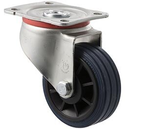 150kg Rated Industrial High Resilience Castor - Rubber Tyre - 100mm - Plate Swivel - Plain Bearing