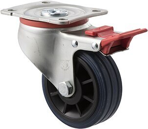 150kg Rated Industrial High Resilience Castor - Rubber Tyre - 100mm - Plate Brake - Plain Bearing