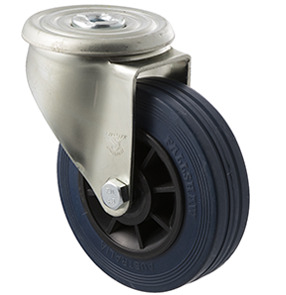 180kg Rated Industrial High Resilience Castor - Rubber Tyre - 125mm - Bolt Hole Swivel - Plain Bearing