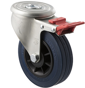 180kg Rated Industrial High Resilience Castor - Rubber Tyre - 125 mm - Bolt Hole Brake - Plain Bearing