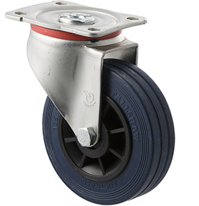 180kg Rated Industrial High Resilience Castor - Rubber Tyre - 125mm - Plate Swivel - Plain Bearing