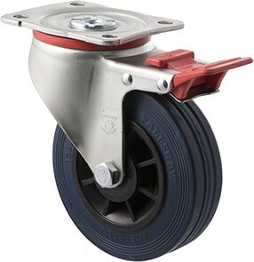 180kg Rated Industrial High Resilience Castor - Rubber Tyre - 125mm - Plate Brake - Plain Bearing