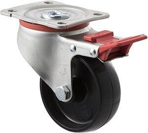 300kg Rated Industrial Castors - Nylon Wheel - 100mm - Plate Brake - Plain Bearing