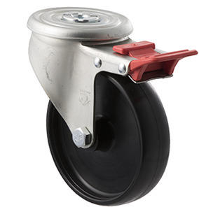 300kg Rated Industrial Castors - Nylon Wheel - 125mm - Bolt Hole Brake - Plain Bearing
