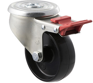 300kg Rated Industrial Castors - Nylon Wheel - 100mm - Bolt Hole Brake - Roller Bearing