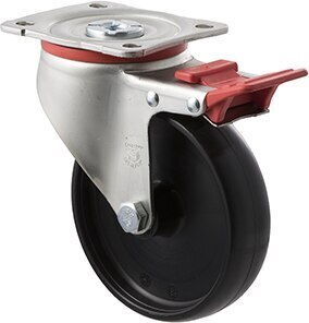 300kg Rated Industrial Castors - Nylon Wheel - 125mm - Plate Brake - Roller Bearing