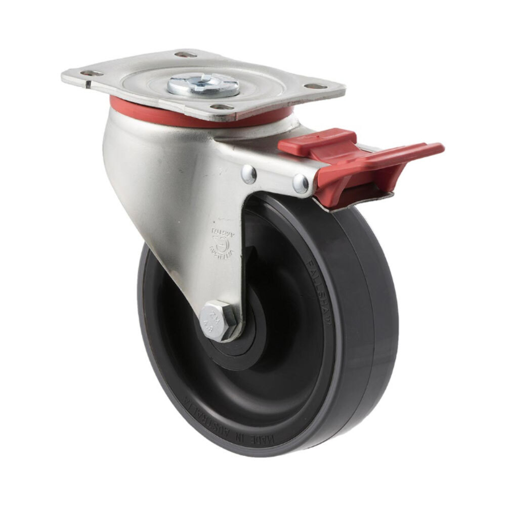 300kg Rated Industrial Castors - Polyurethene Wheel - 125mm - Plate Brake - Plain Bearing