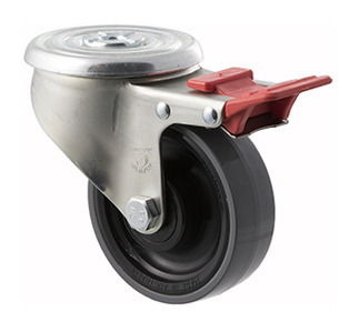 300kg Rated Industrial Castors - Polyurethene Wheel - 100mm - Bolt Hole Brake - Roller Bearing