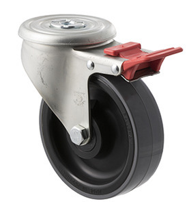 300kg Rated Industrial Castors - Polyurethene Wheel - 125mm - Bolt Hole Brake - Roller Bearing