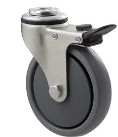 50kg Rated Light Duty Castor - TPE Wheel - 100mm - Bolt Hole Brake - Plain Bearing