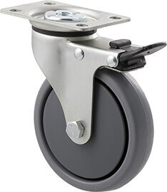 50kg Rated Light Duty Castor - TPE Wheel - 100mm - Plate Brake - Plain Bearing