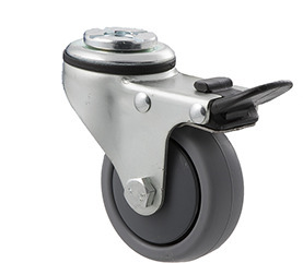 50kg Rated Light Duty Castor - TPE Wheel - 65mm - Bolt Hole Brake - Plain Bearing