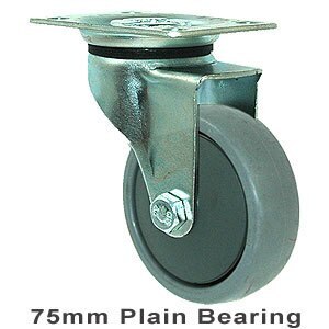 50kg Rated Light Duty Castor - TPE Wheel - 75mm - Plate Swivel - Plain Bearing
