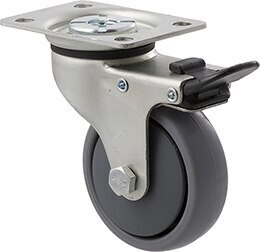 50kg Rated Light Duty Castor - TPE Wheel - 75mm - Plate Brake - Plain Bearing
