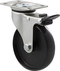 70kg Rated Light Duty Castor - Nylon Wheel - 100mm - Plate Brake - Plain Bearing