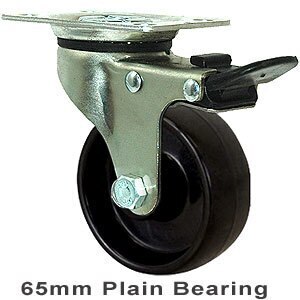 50kg Rated Light Duty Castor - Nylon Wheel - 65mm - Plate Brake - Plain Bearing