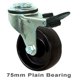 65kg Rated Light Duty Castor - Nylon Wheel - 75mm - Bolt Hole Brake - Plain Bearing