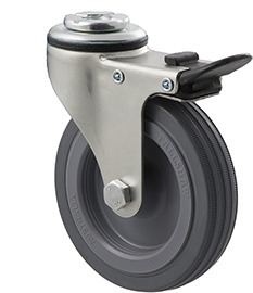 50kg Rated Light Duty Castor - Rubber Wheel - 100mm - Bolt Hole Brake - Plain Bearing