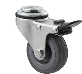 50kg Rated Light Duty Castor - Rubber Wheel - 65mm - Bolt Hole Brake - Plain Bearing