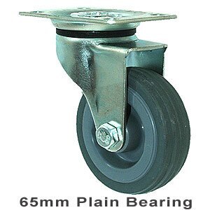 50kg Rated Light Duty Castor - Rubber Wheel - 65mm - Plate Swivel - Plain Bearing