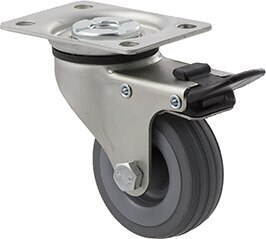 50kg Rated Light Duty Castor - Rubber Wheel - 65mm - Plate Brake - Plain Bearing