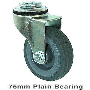 50kg Rated Light Duty Castor - Rubber Wheel - 75mm - Bolt Hole Swivel - Plain Bearing