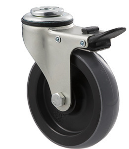 100kg Rated Industrial Castor - Polyurethane Wheel - 100mm - Bolt Hole Brake - Plain Bearing