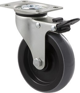 100kg Rated Industrial Castor - Polyurethane Wheel - 100mm - Plate Brake - Plain Bearing