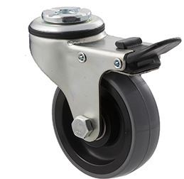 100kg Rated Industrial Castor - Polyurethane Wheel - 75mm - Bolt Hole Brake - Ball Bearing