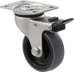 100kg Rated Industrial Castor - Polyurethane Wheel - 75mm - Plate Brake - Ball Bearing