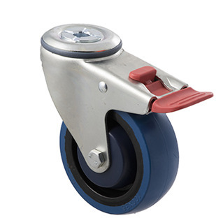 140kg Rated Industrial High Resilience Castor - Rubber Wheel - 100mm - Bolt Hole Brake - Ball Bearing