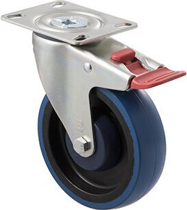 150kg Rated Industrial High Resilience Castor - Rubber Wheel- 125mm - Plate Brake - Ball Bearing - ISO